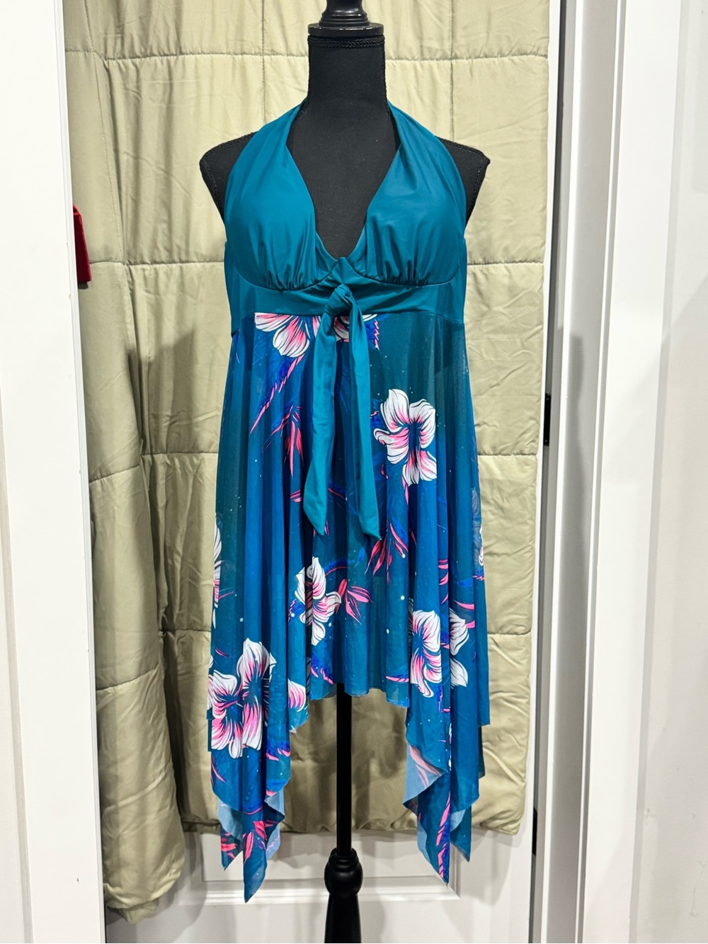 Teal Floral Halter Handkerchief Dress